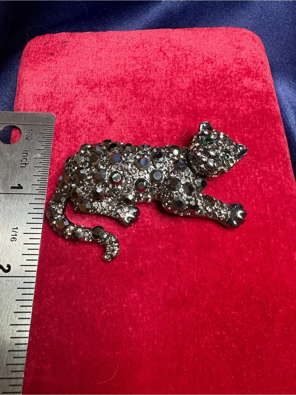 Brooch Cat Embellished Black Crystal Green Eyes Large Statement